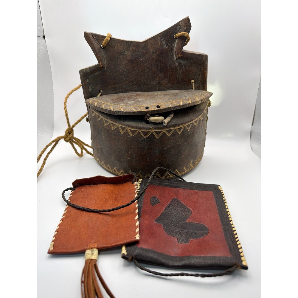 Vintage African Hand Carved Wood Vessel Cowrie Shell & Leather Pouch Set